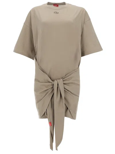 Diesel White Front Knot Cotton Mini Dress In Neutral