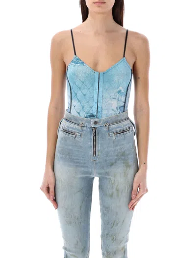 Diesel Abstract Printed Bodysuit With Thin Straps And Front Hook Closure In Blue