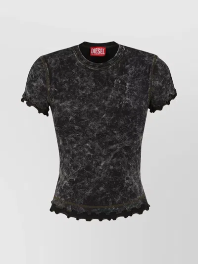 Diesel Acid Wash Crew Neck Ruffled Hem T-shirts In Black