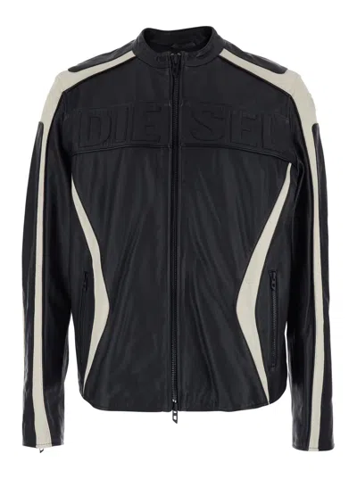 Diesel Adam Black Jacket With Embossed Logo On The Front And Details With Stripe In Leather Man