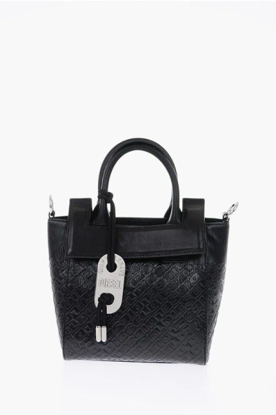 Diesel All Over Logo Leather Details Kerrie Mini Tote With Carabine In Black