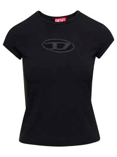 DIESEL 'T-ANGIE' BLACK CREWNECK T-SHIRT WITH OVAL D LOGO EMBROIDERY ON THE FRONT IN COTTON STRETCH WOMAN