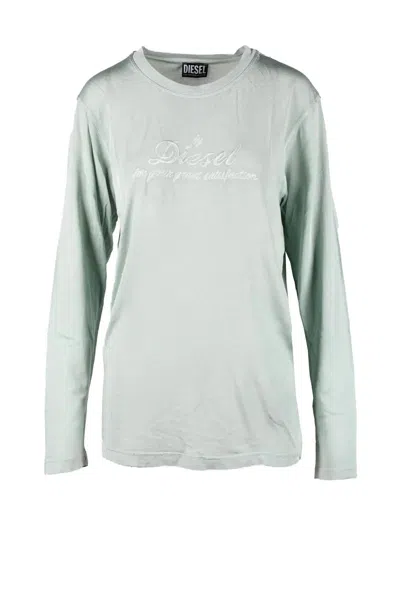 Diesel Aqua Green Embroidered Rayon-blend T-shirt In White