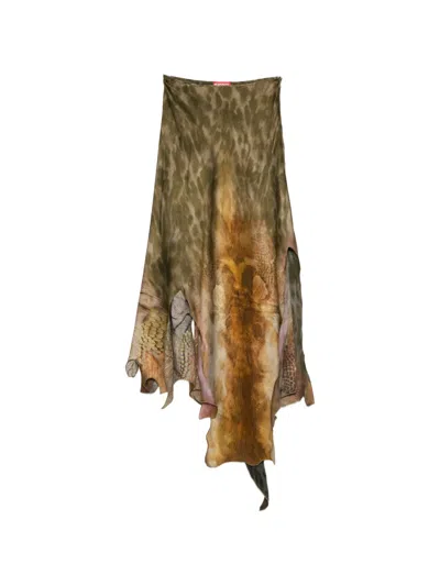 Diesel Asymmetrical Midi Skirt With Nature-inspired Print In Brown