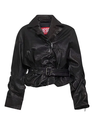 Diesel Asymmetric Leather Jacket In Black