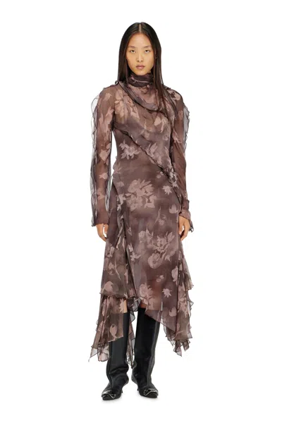 Diesel Asymmetric Midi Dress In Chiffon And Silk-crepe In Brown