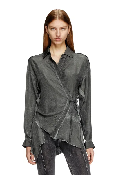 Diesel Asymmetric Wrap Shirt In Wrinkled Twill In Black