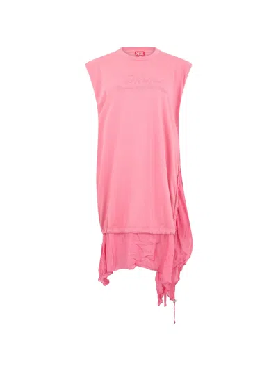 Diesel Asymmetrical Embroidered-logo Mini Dress In Pink