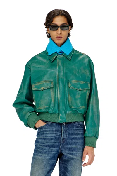 Diesel Aviator Jacket In Treated Leather In Green