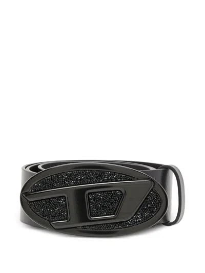 Diesel B-1dr 2.0 Full Rocks Leather Belt In Black