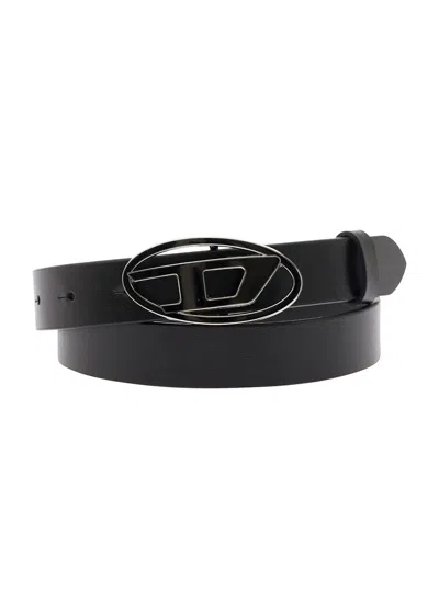 Diesel B-1dr Black Belt With Oval D Buckle In Leather Woman