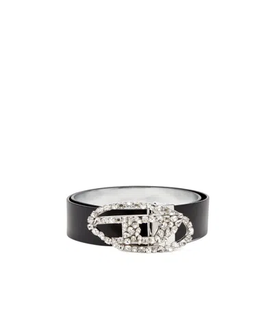 Diesel Reversible Leather Belt With Crystal Buckle In Black