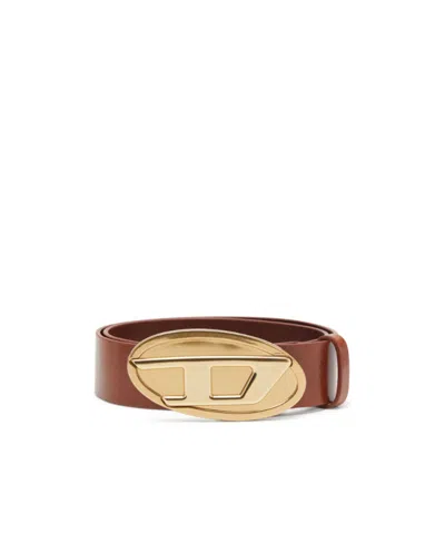 Diesel 4 Cm Leather Belt With Oval D Plaque In Brown