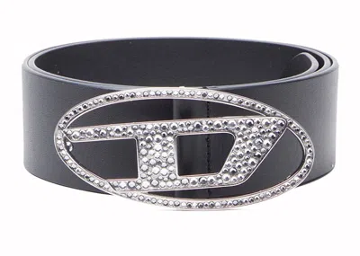 Pre-owned Diesel B1dr 50 Strass Leather Belt With Rhinestone Logo Buckle In Black