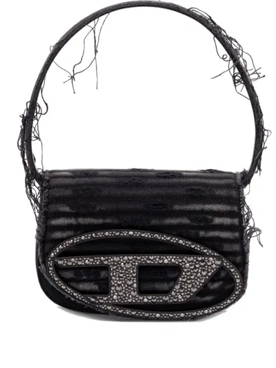 Diesel 1dr Black Shoulder Bag With Oval D Plaque With Rhinestones And Fringed Edges In Cotton And Leather B