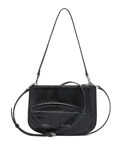 Diesel Twin-double-pouch Embossed-leather Shoulder Bag In Black