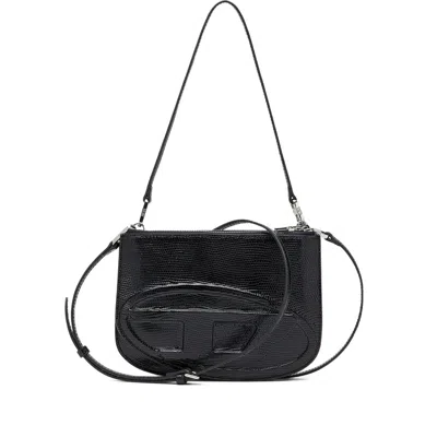 Diesel Twin-double-pouch Embossed-leather Shoulder Bag In Black