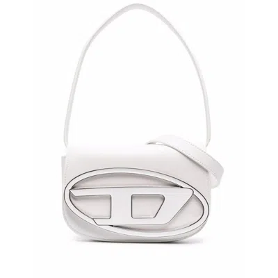 Diesel Structured White Handbag With Metallic Logo Accent In Gold