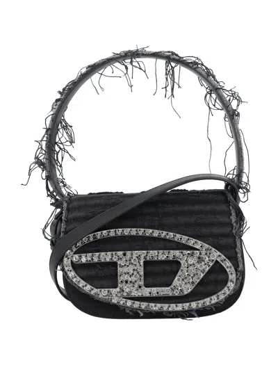 Diesel 1dr-iconic Shoulder Bag In Canvas And Leather In Nero