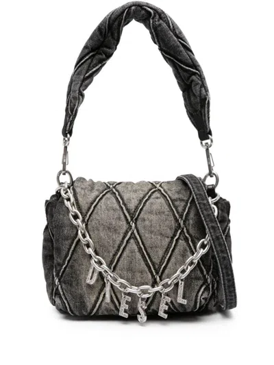 Diesel Charm-d Quilted Washed Denim Tote Bag In Black