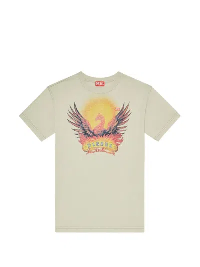 Diesel Beige Cotton T-shirt With Phoenix Print In Neutral
