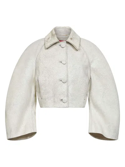 Diesel Women Beige Crackled Leather I-raya Cropped Jacket In Gray