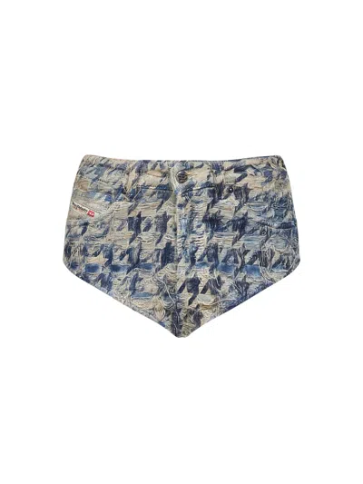 Diesel Beige Houndstooth Denim De-jizz-fsh1 Hot Pants In Blue