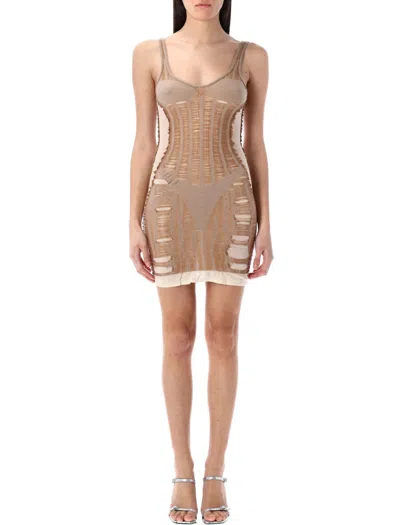 DIESEL DIESEL BEIGE MINI DRESS WITH LADDERED DISTRESSED EFFECT