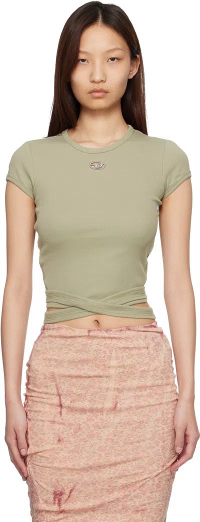 Diesel Beige Ribbed Wrap-around Laces T-shirt In Green