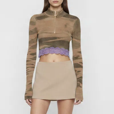 Pre-owned Diesel Beige/green Camouflage Rib Knit Lace Trim Crop Top S