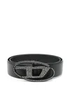 Diesel Oval D Crystal Buckle Leather Belt In Black