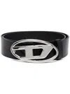 Diesel Leather Belt With Adjustable Length And Silver Buckle In Black