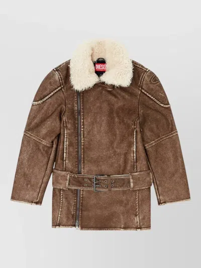 Diesel Distressed Brown Leather Coat With Plush Shearling Collar