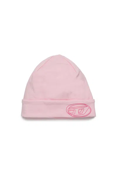 Diesel Kids' Berretto Beanie In Jersey Stretch Con Logo Oval D In Pink