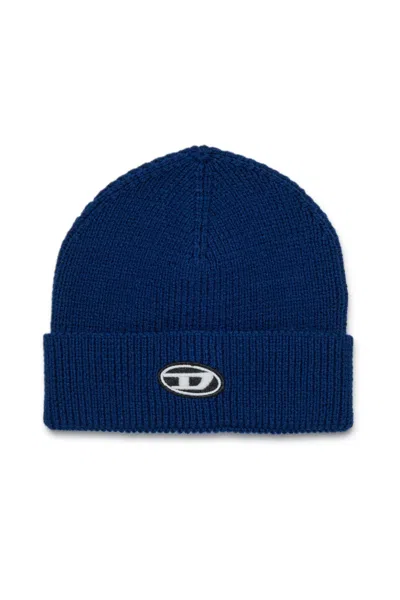 Diesel Wool-blend Beanie With Patch Oval D In Blue