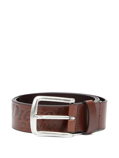 Diesel 4 Cm Leather Belt With Engraved Logo In Brown