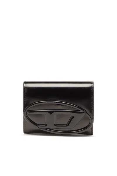 Diesel Bi-fold Card Holder In Mirrored Leather In Black