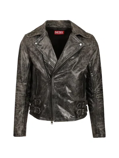 Diesel Biker Jacket In Treated Leather In 블랙