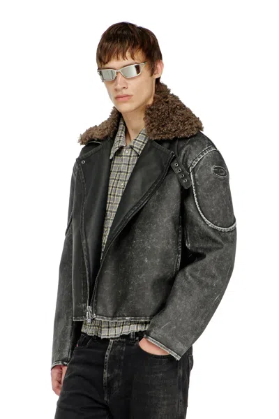 Diesel Biker Jacket With Detachable Collar In Gray
