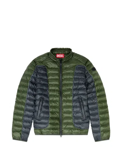 Diesel Biker-style Puffer Jacket With Colour-block Design In Green