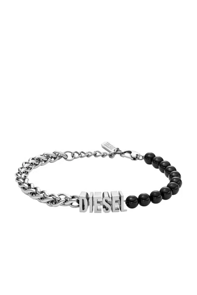 Diesel Black Agate Beaded Chain Bracelet In Silver