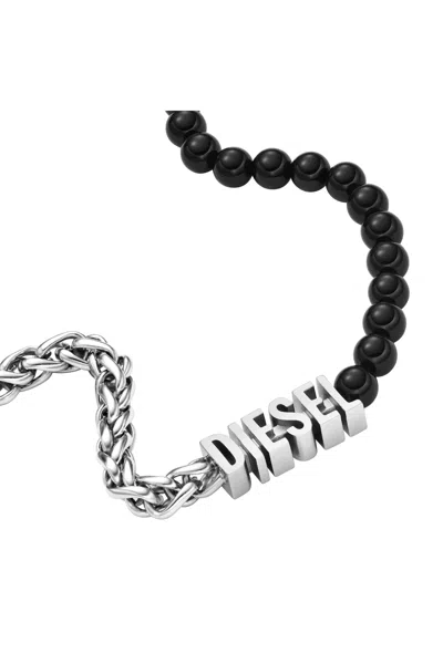 Diesel Black Agate Beaded Chain Necklace In Metallic