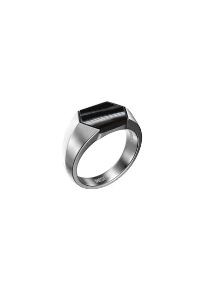 Diesel Black Agate Signet Ring In Silver