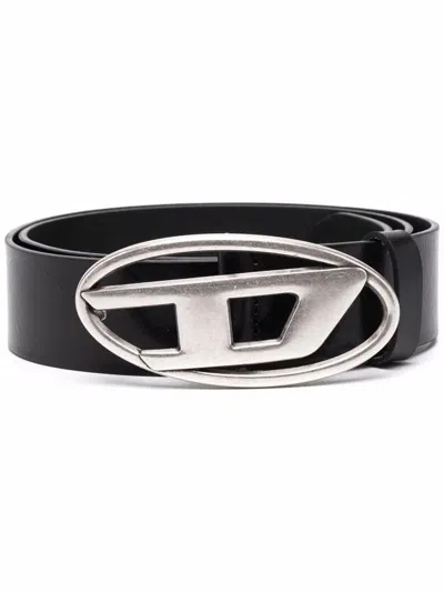 Diesel Black Belt With Oval D Logo Buckle Closure