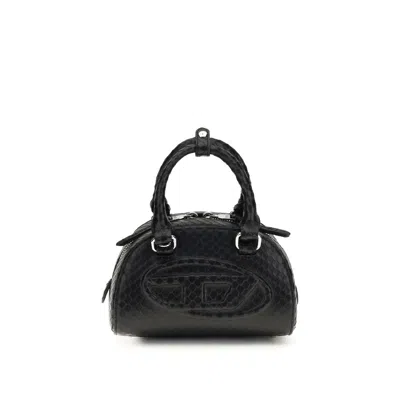 Diesel 1dr Dome-mini Bowling Bag In Snake-effect Leather In Black