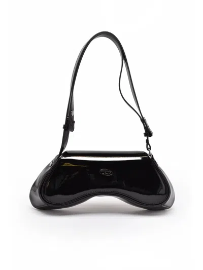 Diesel Black Curved Leather Adjustable Strap Crossbody Bag