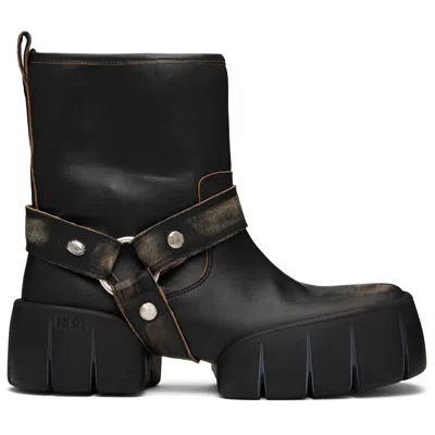 Diesel Black D-tex Distressed Leather Biker Boots