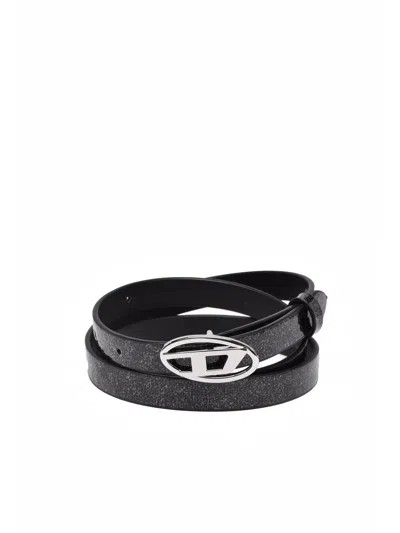 Diesel Black Leather Belt With Glitter Accents And Silver Buckle