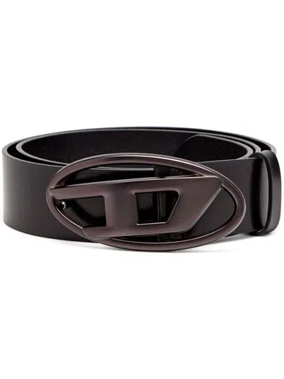 Diesel Black Leather Belt With Logo Buckle In Brown