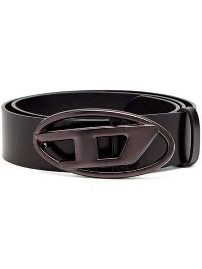 Diesel Black Leather Belt With Logo Buckle In Burgundy